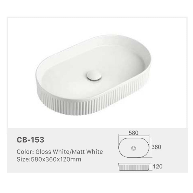 Ceramic Basin Series Above Counter Grooved Matt White 580x360x120mm