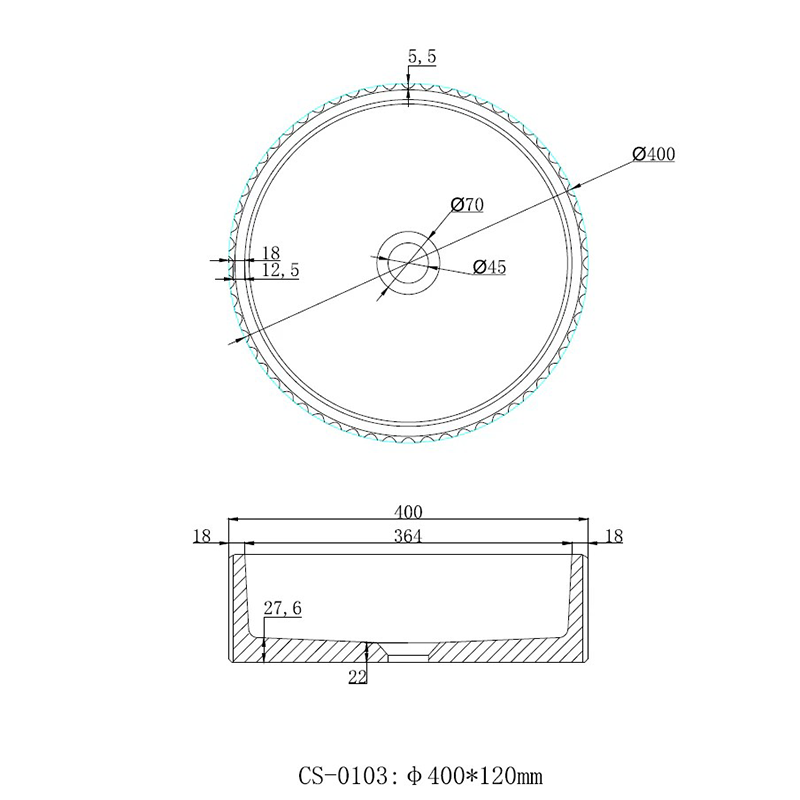 Fluted Concrete Basin (Waste Included) 400x400x120mm