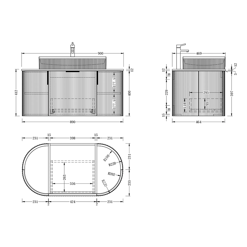Carysil Fluted Wall Hung Vanity Walnut (Stone Top and Black Handle Included) 900mm