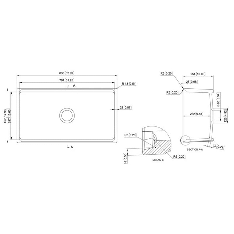 Carysil Fine Fireclay Single Bowl 838x457x232mm