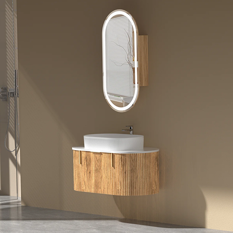 Carysil Fluted Wall Hung Vanity Walnut (Stone Top and Black Handle Included) 900mm