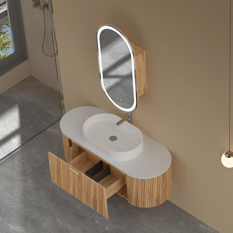 Carysil Fluted Wall Hung Vanity Walnut (Stone Top and Black Handle Included) 1200mm