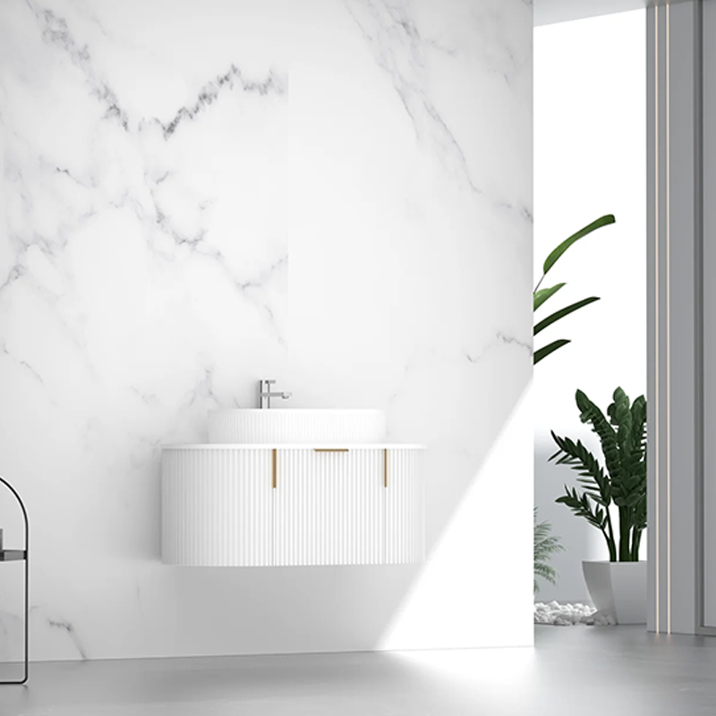 Carysil Fluted Wall Hung Vanity Matte White (Stone Top and Black Handle Included) 900mm