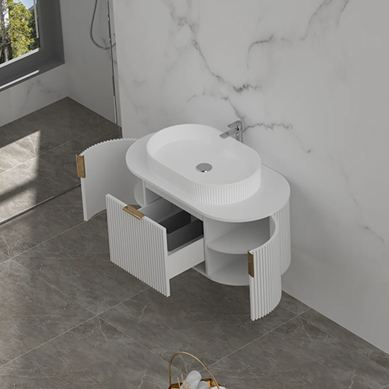 Carysil Fluted Wall Hung Vanity Matte White (Stone Top and Black Handle Included) 900mm