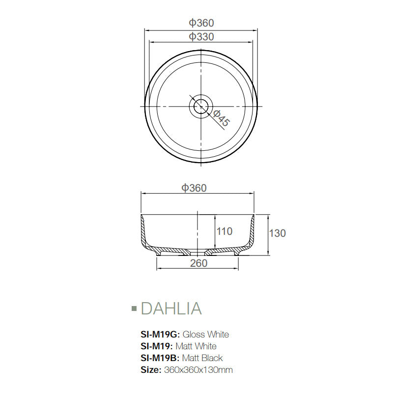 Solid Surface Basin Series Dahlia Above Counter Gloss White 360x360x130mm