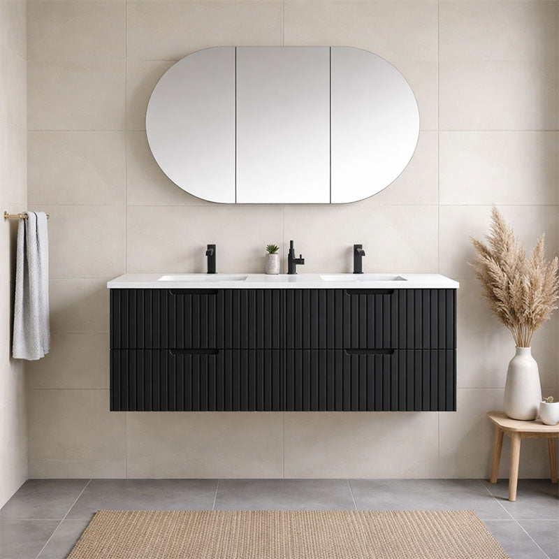 Elena Series Wall Hung Double Bowl Matt Black 1480x455x540mm Vanity with Stone Top & Ceramic Undermount Basin