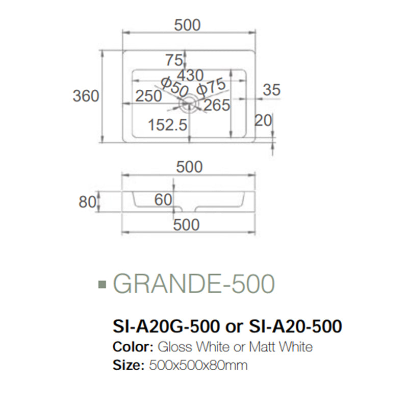 Solid Surface Basin Series Grande Above Counter Matt White 500x500x80mm