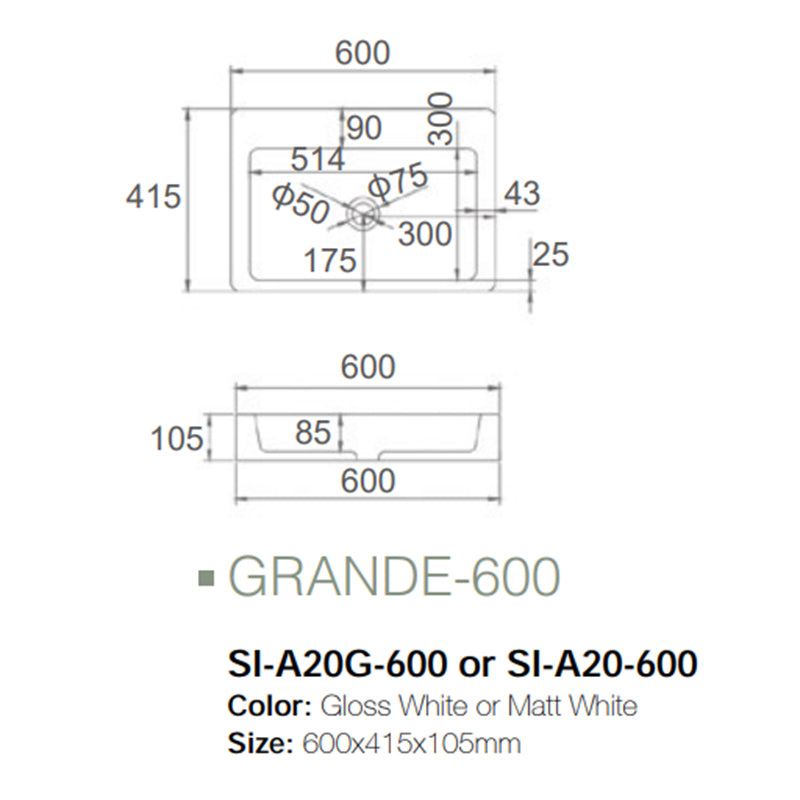 Solid Surface Basin Series Grande Above Counter Gloss White 600x415x105mm