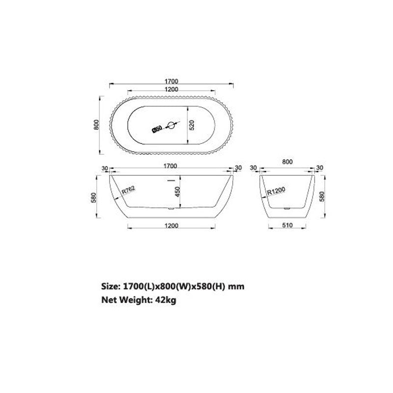 Henley Collection Freestanding Bathtub O/F 1700x800x580mm