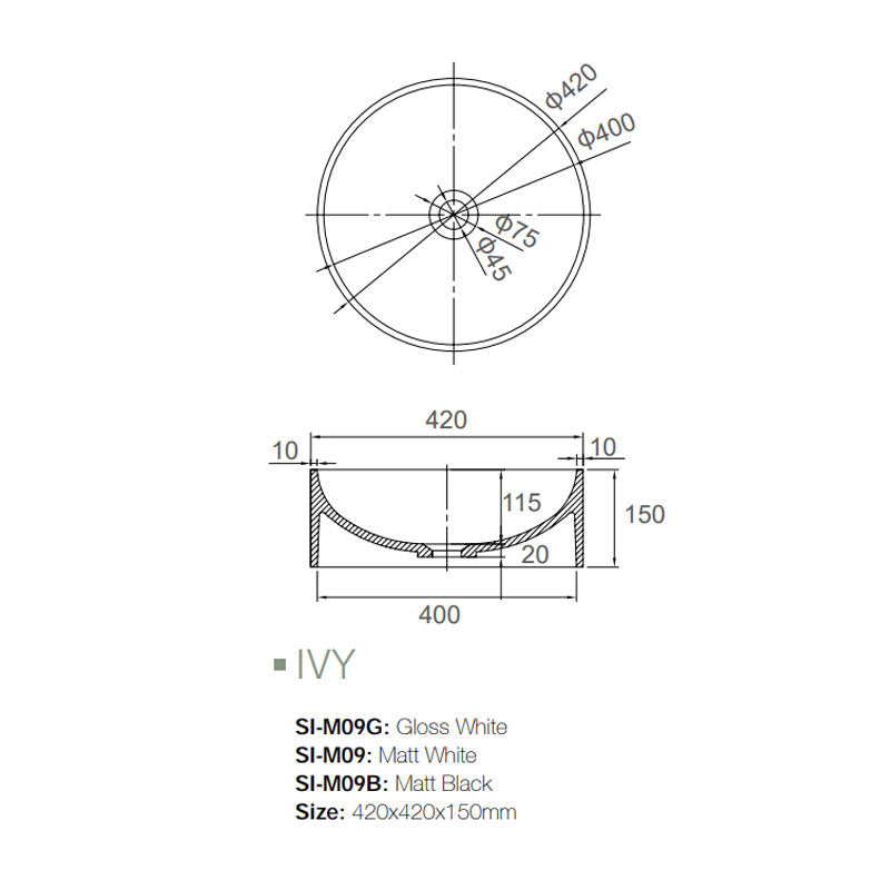 Solid Surface Basin Series Ivy Above Counter Matt White 420x420x150mm