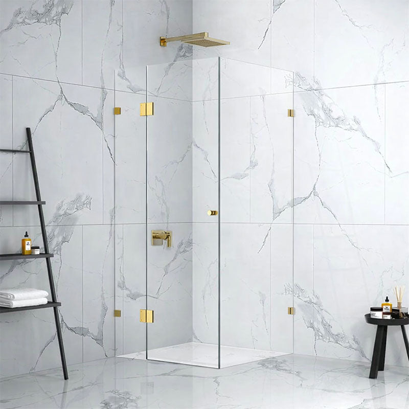 10mm Fully Frameless Screen Pivot Brushed Gold Front 900mm & Return 900mm & Height 2100mm