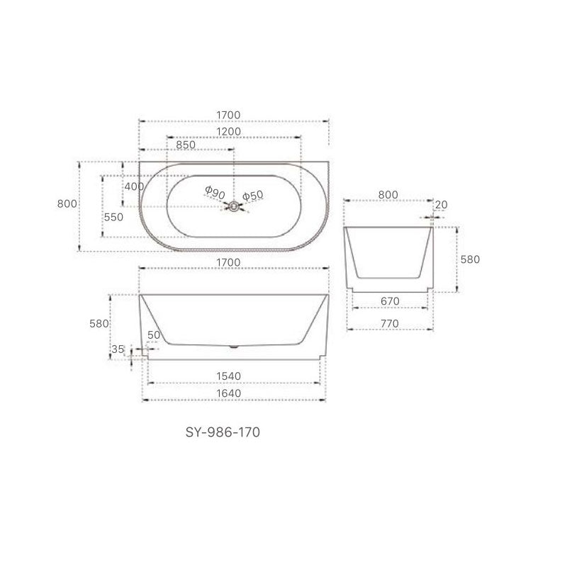 Kira Freestanding Bathtub Back To Wall 1700x800x580mm