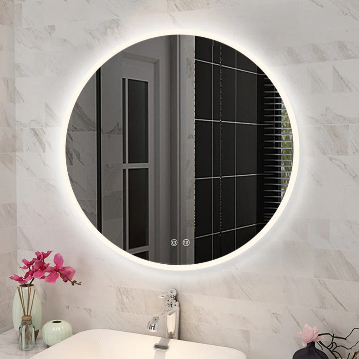 750mm Round 3 Color Lighting Acrylic Rim LED Mirror. Touch Sensor Switch Defogger Pad Wall Mounted
