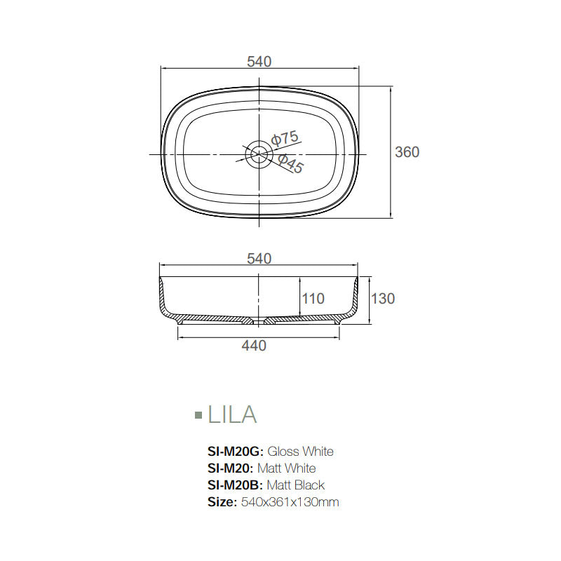 Solid Surface Basin Series Lila Above Counter Matt Black 540x361x130mm