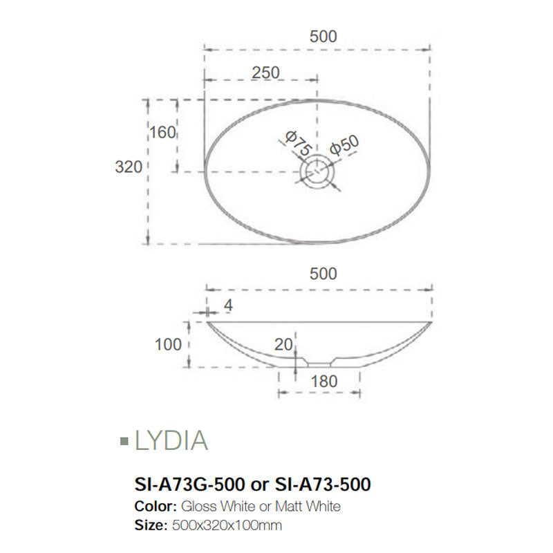 Solid Surface Basin Series Lydia Above Counter Matt White 500x320x100mm