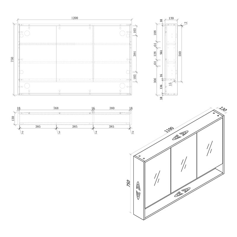 BONDI 1200 Wall Hung Mirror Cabinet 1200x130x590mm