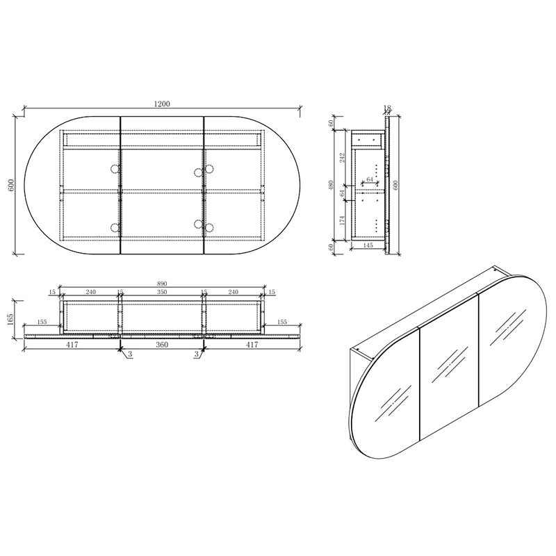 MILAN Oval Shape Mirror Cabinet Natural wood 1200x600x165mm