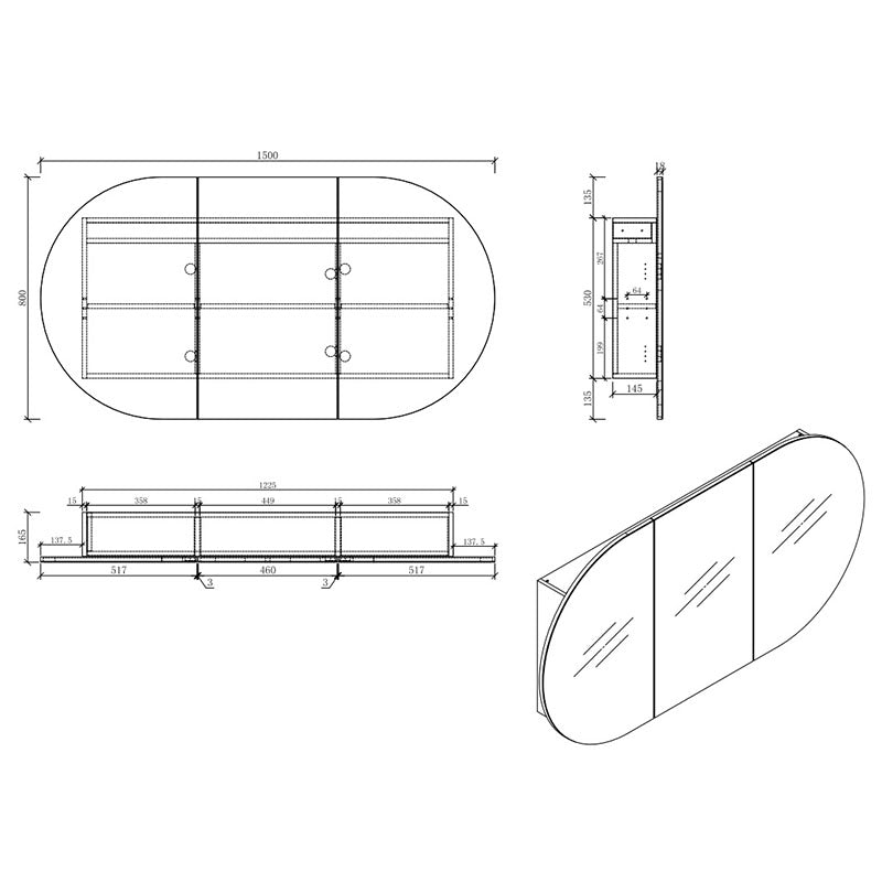 MILAN Oval Shape Mirror Cabinet Natural wood 1500x800x165mm