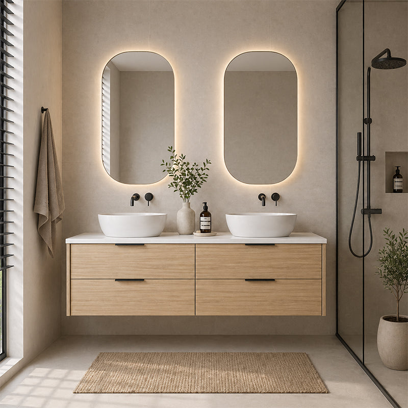 Oakdra(Hung) Series Double Bowls Natural Timber Overall 1480x455x520mm Vanity Set With Ceramic Slimline Top (UV31)