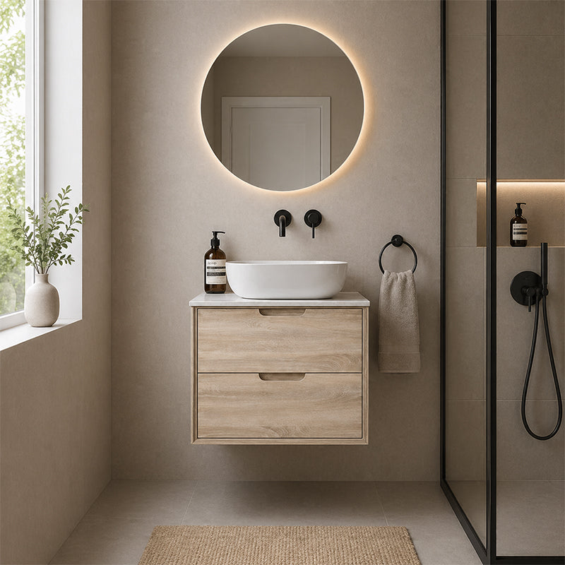 Oakdra(Hung) Series Natural Timber Overall 580x455x520mm Vanity Set With Ceramic Slimline Top (UV31)