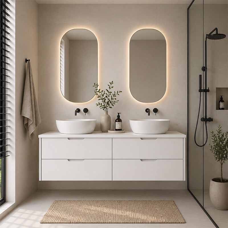 Oakdra(Hung) Series Double Bowls Matt White Overall 1480x455x520mm Vanity Set With Ceramic Slimline Top (UV31)