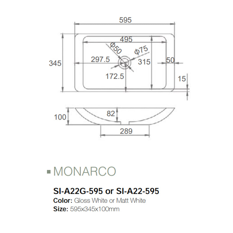 Solid Surface Basin Series Monarco Above Counter Matt White 595x345x100mm