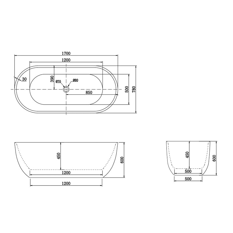 Berri Freestanding Matt White Bathtub 1700x780x600mm