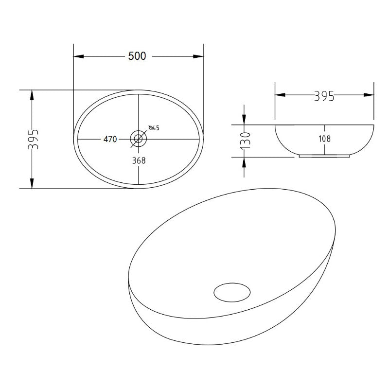 Above Counter Basin Oval Matte Black Marble 520x395x130mm