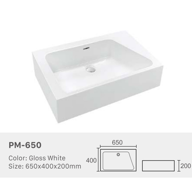 Ceramic Basin Series Above Counter Gloss White 650x400x200mm