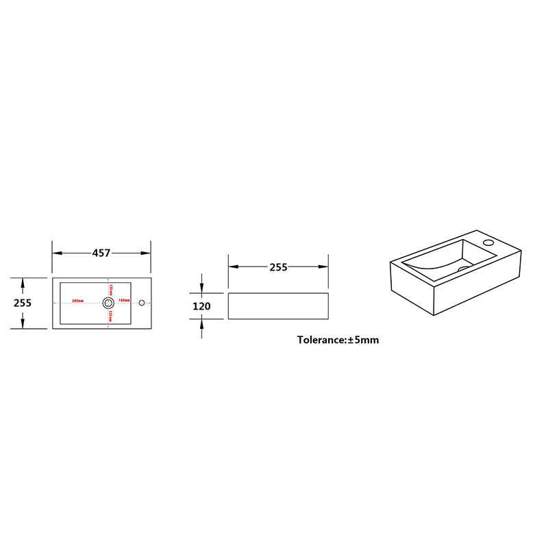 Wall Hung Basin Left Hand Bowl Gloss White 457x255x120mm