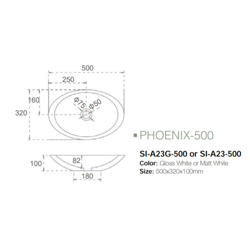 Solid Surface Basin Series Phoenix Above Counter Gloss White 500x320x100mm