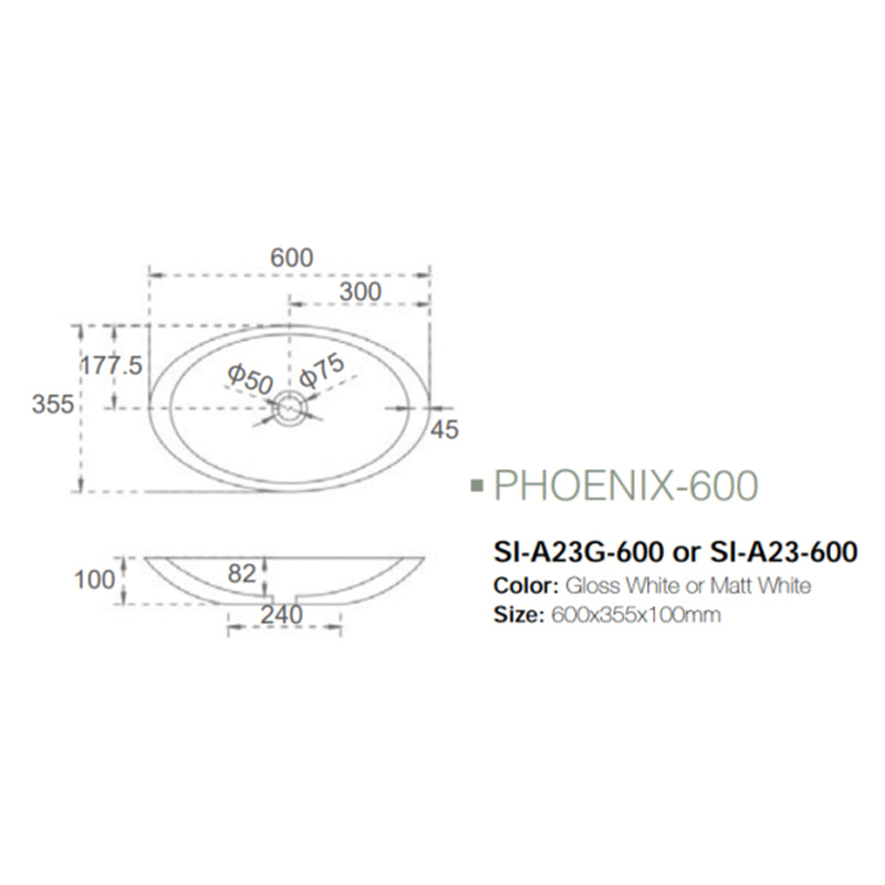 Solid Surface Basin Series Phoenix Above Counter Gloss White 600x355x100mm