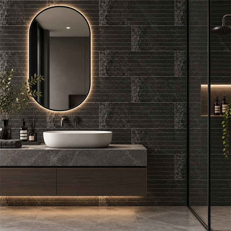 Pietra Black Matt Strip Mosaic 28x600mm On 300x600 Mesh