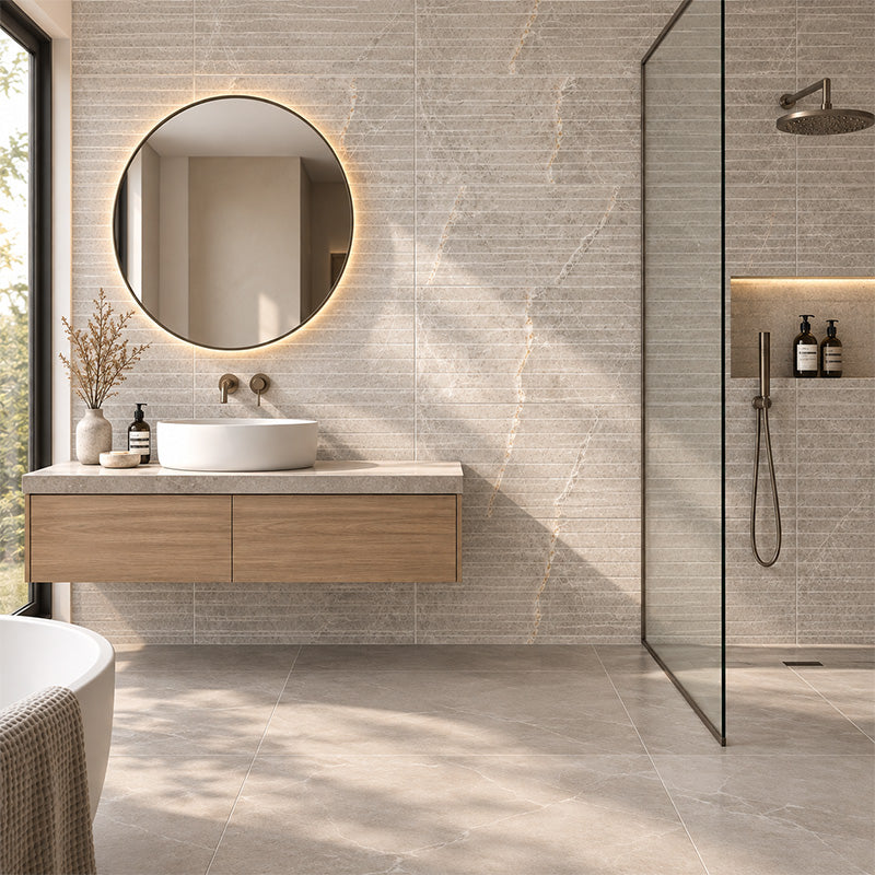 Pietra Sand Matt Strip Mosaic 28x600mm On 300x600 Mesh