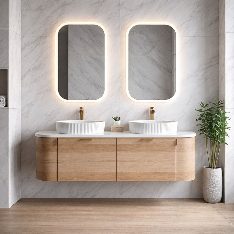 Plateau Series Wall Hung Double Bowl Natural Timber 1480x455x420mm Vanity with Flat Stone Bench Top Only