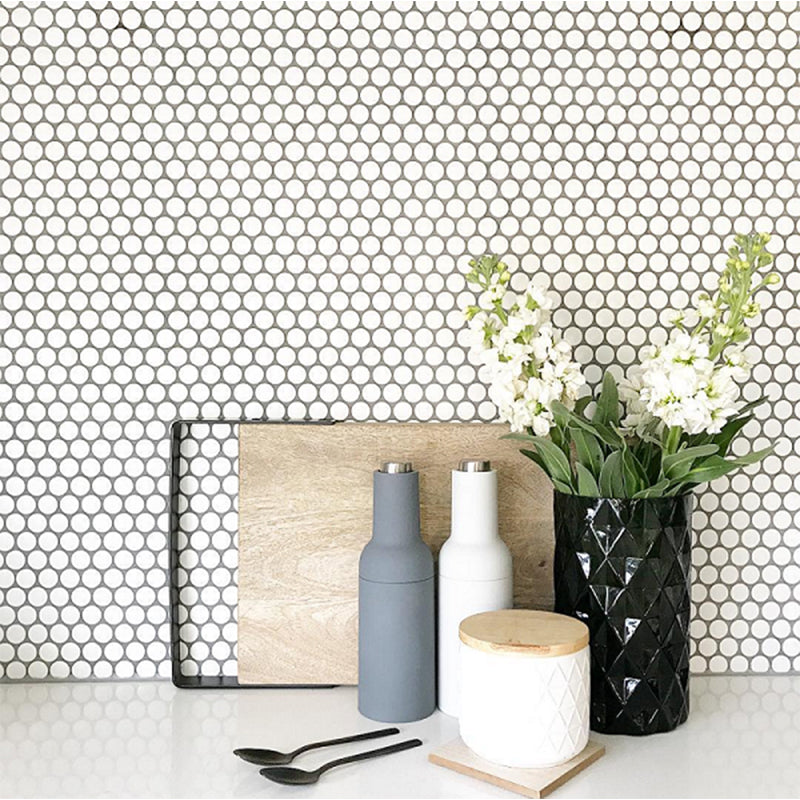 PENNY ROUND GLOSS WHITE 19MM ON 310X315X6MM SHEET