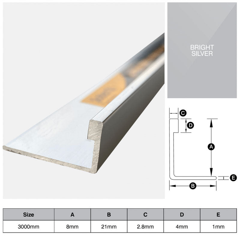 Aluminium Angle - Bright Silver 8mm x 3m