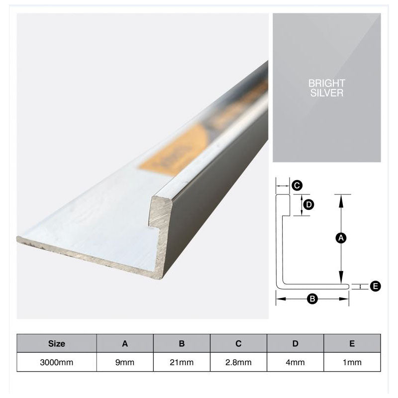 Aluminium Angle - Brushed Bright Silver 9mm x 3m