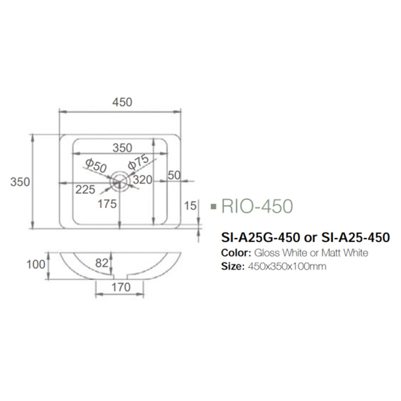 Solid Surface Basin Series Rio Above Counter Gloss White 450x350x100mm