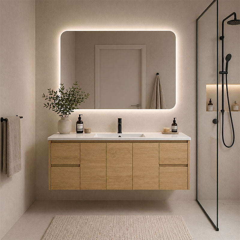 Oakdoo(Hung) Series Wall Hung Single Bowl Natural Timber Overall 1480x455x520mm Vanity Set With Ceramic Slimline Top (UV31)
