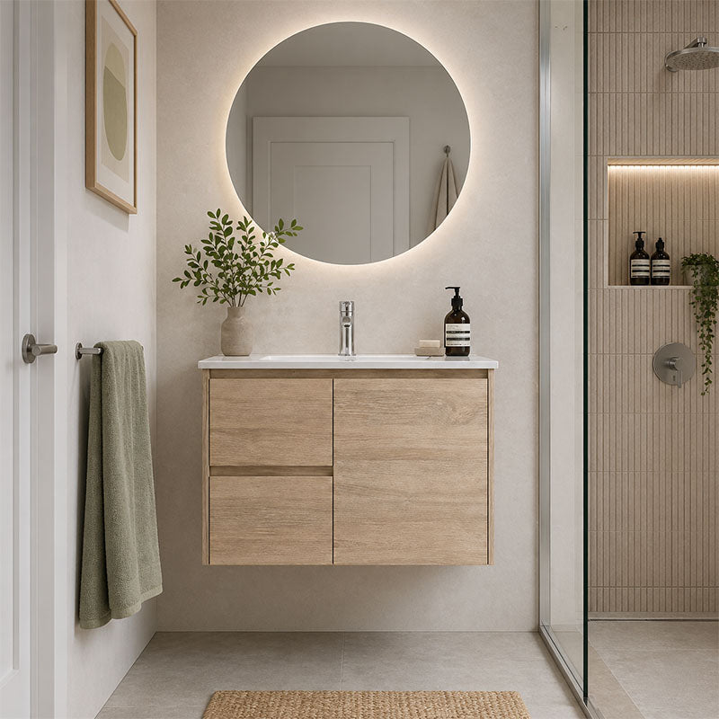 Oakdoo(Hung) Series Wall Hung Left Hand Drawer Prime Oak Overall 730x455x520mm Vanity Set With Flat Stone Bench Top