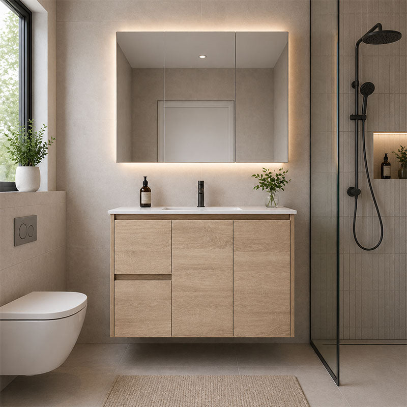 Oakdoo(Hung) Series Wall Hung Left Hand Drawer Prime Oak Overall 880x455x520mm Vanity Set With Stone Top & Ceramic Undermount Basin