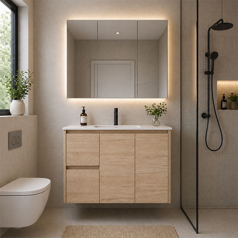 Oakdoo(Hung) Series Wall Hung Left Hand Drawer Natural Timber Overall 880x455x520mm Vanity Set With Ceramic Slimline Top (UV31)