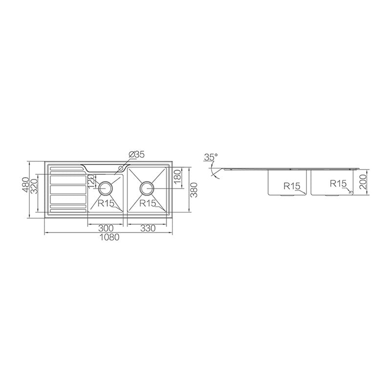 IMPACT 1 & 3/4 Bowl (25L + 19L) Sink with Drainer - Waste Included (LHB or RHB) 1080x480x200mm