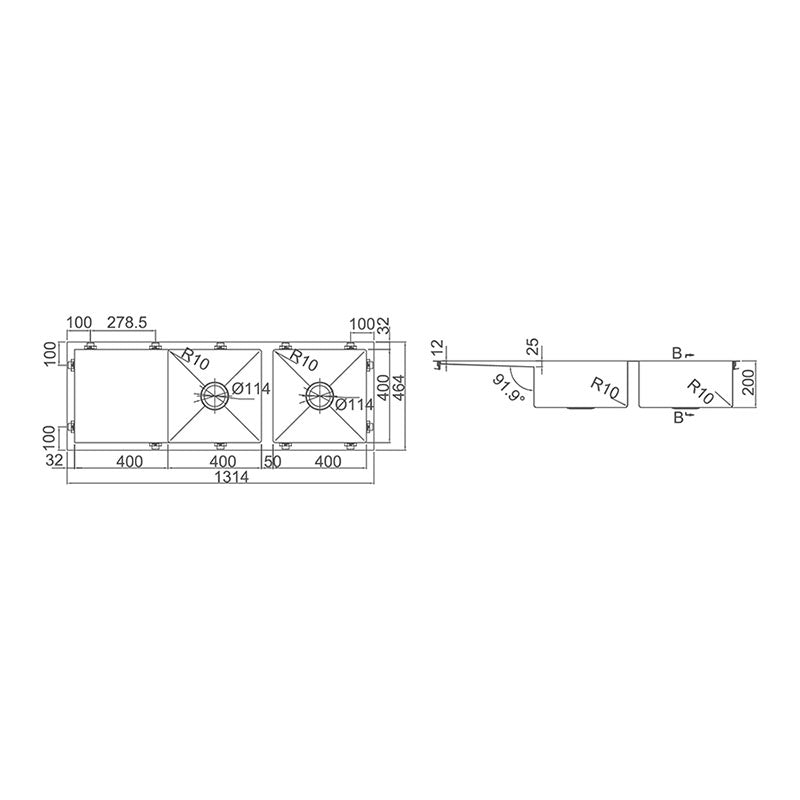 IMPACT Double Bowl (2 x 32L) Sink with Drainer and Waste 1314x464x200mm