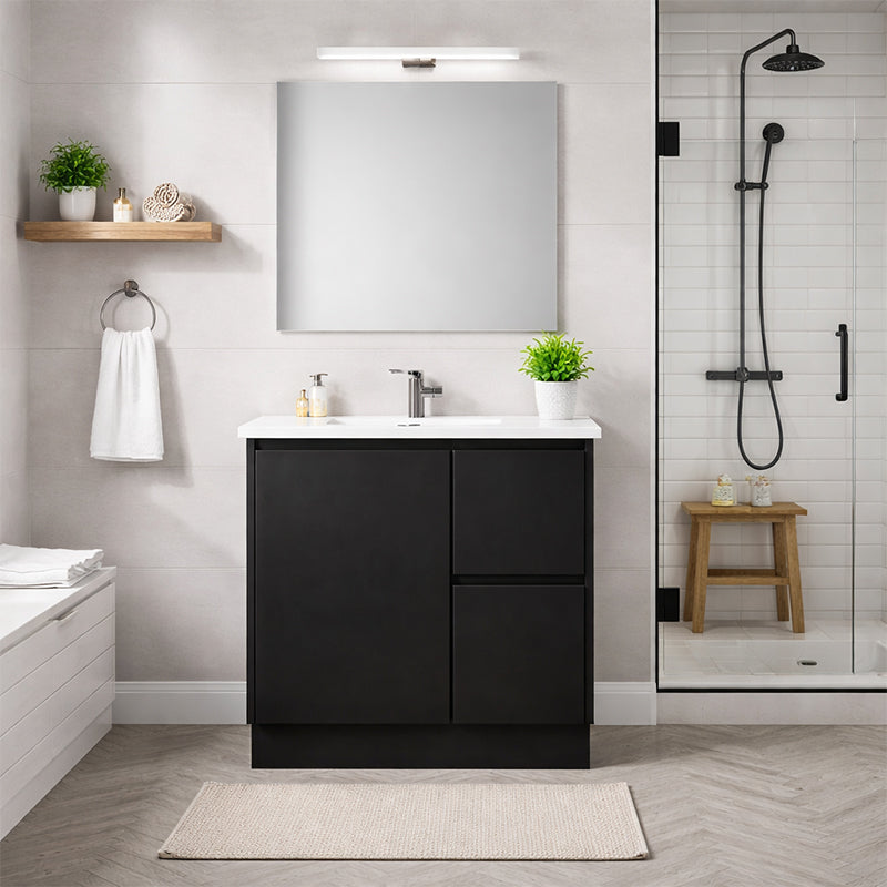 Moddoo Series Right Hand Drawer Matt Black Overall 730x455x855mm Vanity Set With Ceramic Slimline Top (UV31)