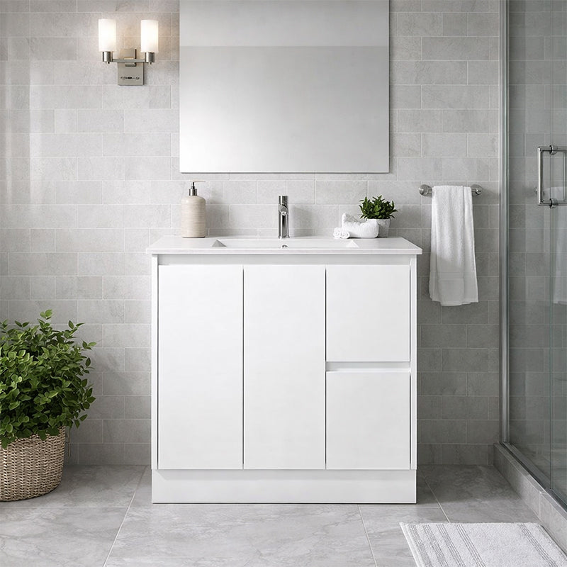 Moddoo Series Right Hand Drawer Matt White Overall 880x455x855mm Vanity Set With Ceramic Slimline Top (UV31)