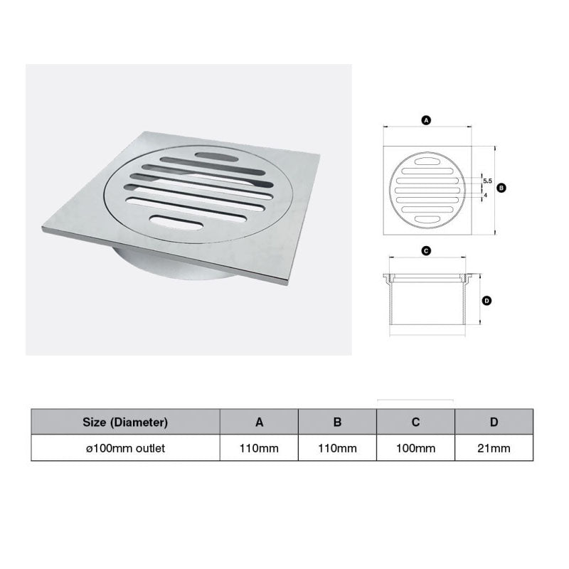 Brushed Nickel Square Floor Grate (Watermarked) 100mm Dia Outlet 110 x 110mm