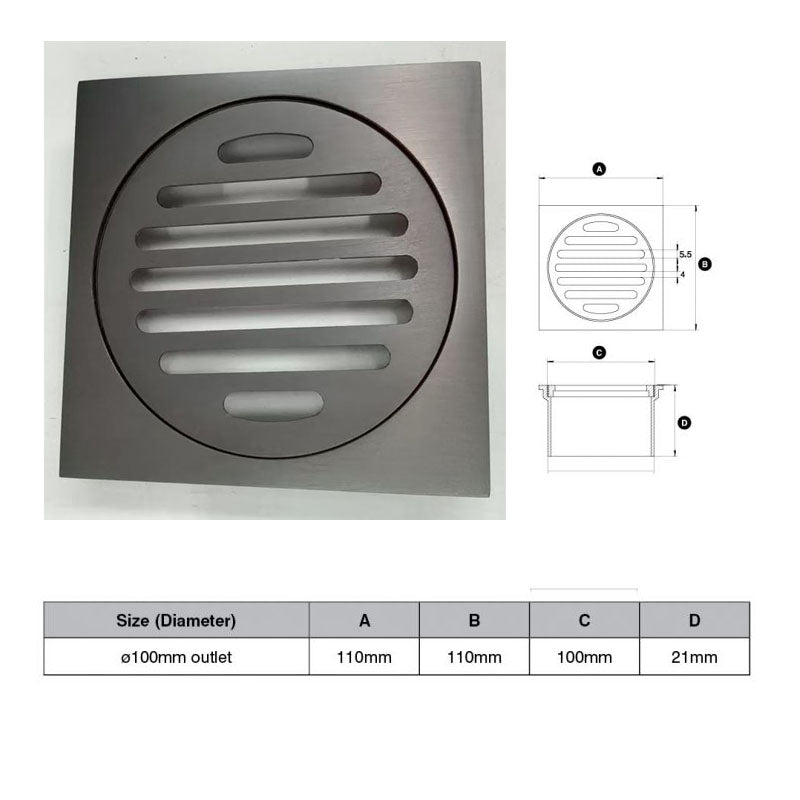 Brushed Gunmetal Square Floor Grate (Watermarked) 100mm Dia Outlet 110 x 110mm