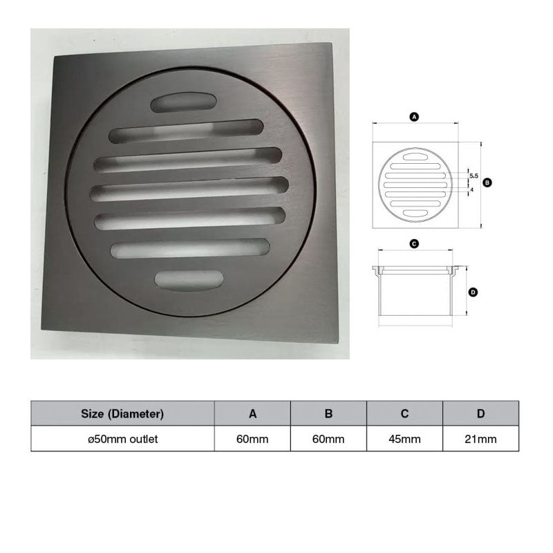 Brushed Gunmetal Square Floor Grate (Watermarked) 50mm Dia Outlet 60 x 60mm